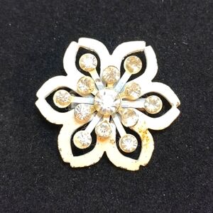 Vintage Metal White with Rhinestones Floral Brooch Very Old